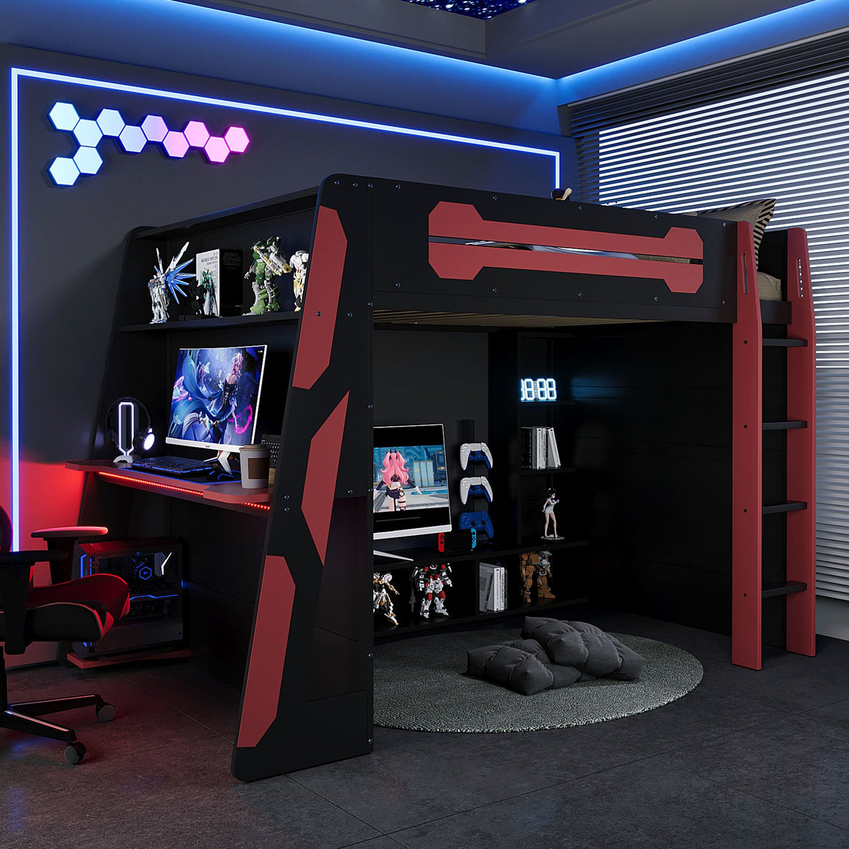 Full Size Wood Loft Bed with Desk, Multi-storage Shelves and RGB Light