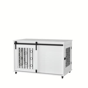 Dog Crate With Sliding Barn Door And Side Access, Lockable Wheels For Small To Medium Dogs - White