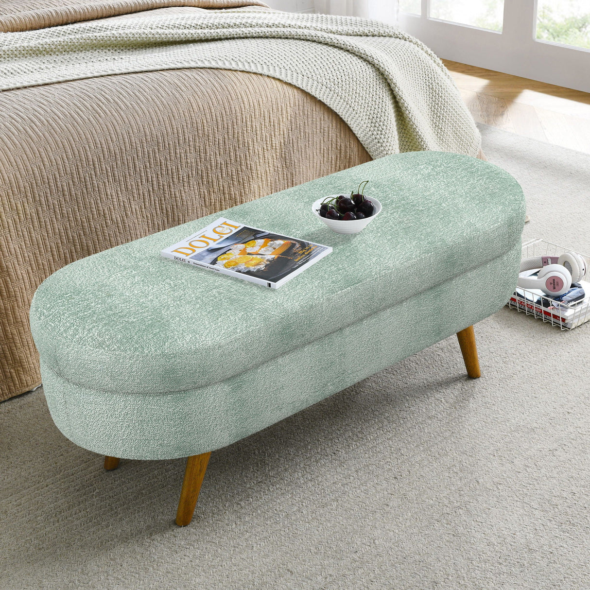Modern Ottoman Oval Storage Bench With Rubber Wood Legs