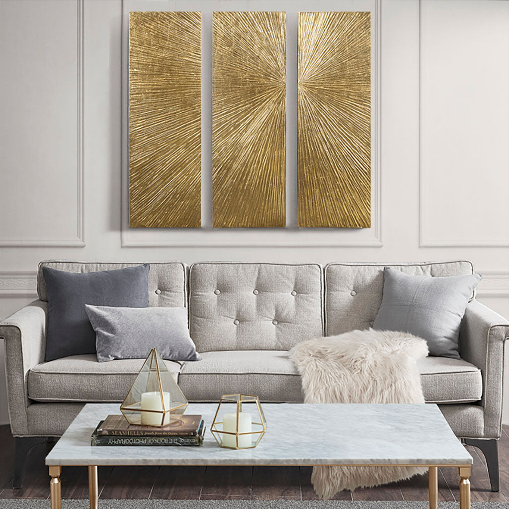 Signature Sunburst Hand-Painted Wall Art Triptych with Gold Foil – Gold
