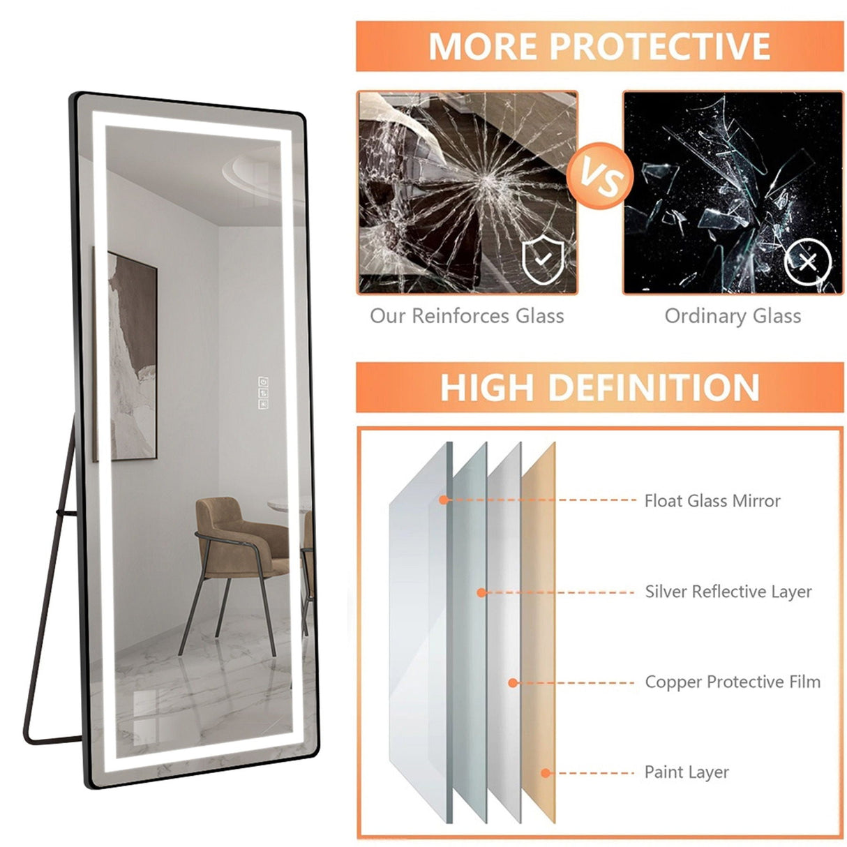 Full-Length Vertical Mirror With LED Light, Dimming Wall Mirror With Frame
