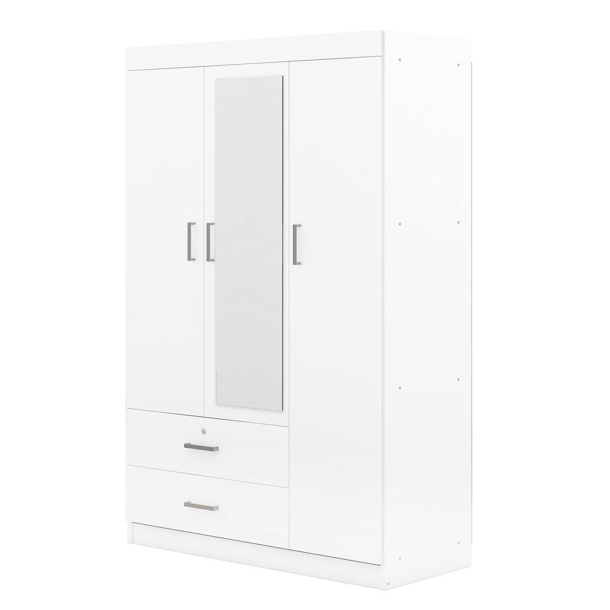3-Door Mirror Wardrobe with Shelves, White