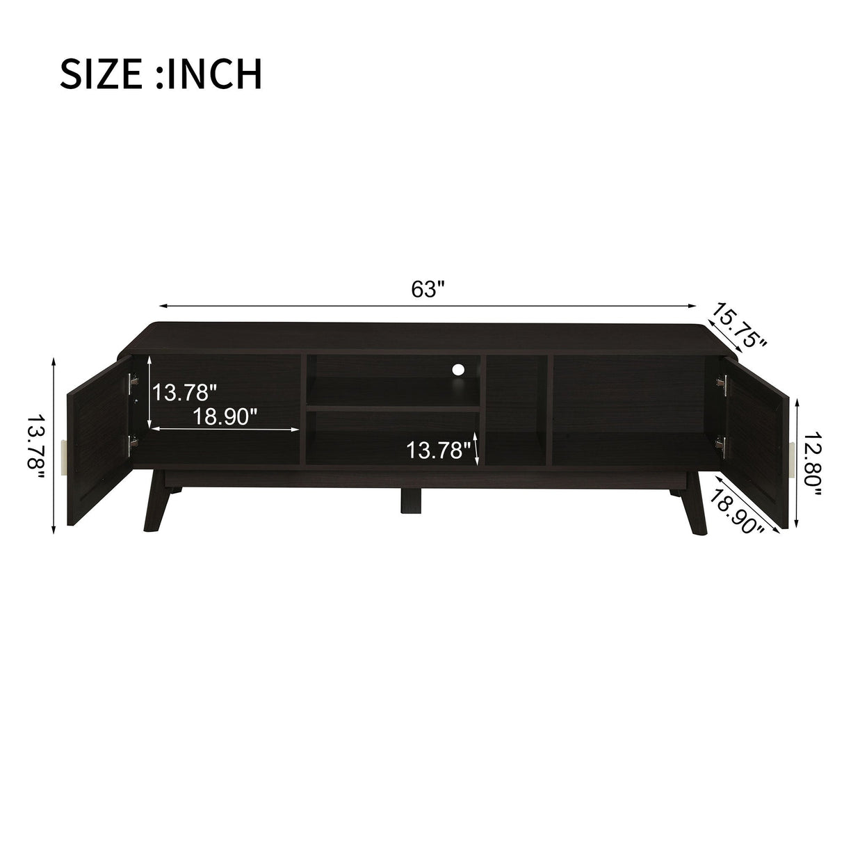 63'' Dark Rattan TV Stand with 2 Storage Cabinets and Solid Wood Legs