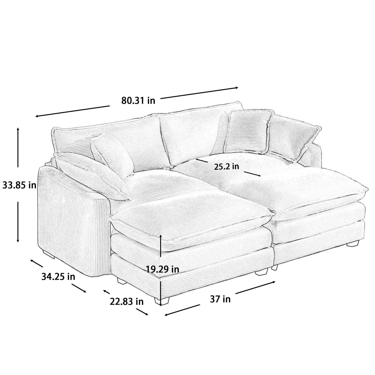 Modern Modular Cushion Sofa Set with Ottoman - Fabric, Multiple Colors