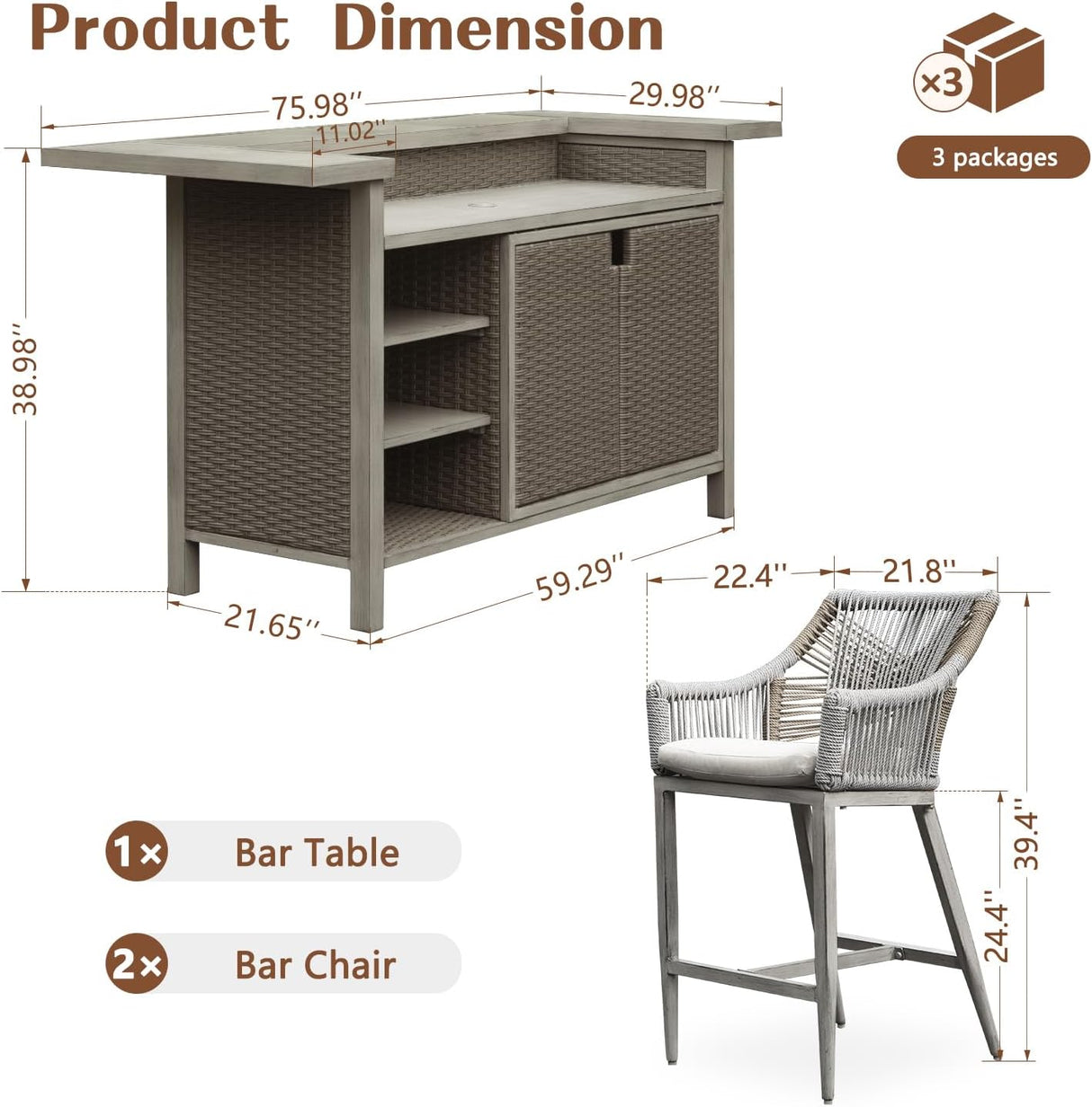 Outdoor Home Bar Unit Set of 3, All-Weather Wicker & Aluminum Frame