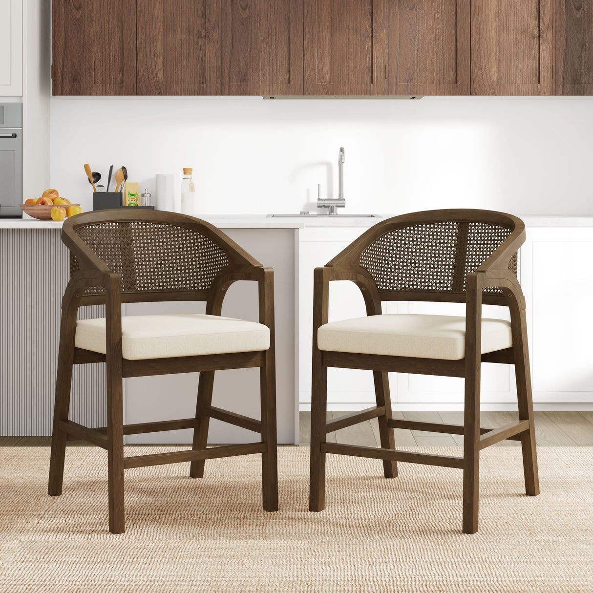 Wooden Frame Counter Stool with Rattan Back, Set of 2