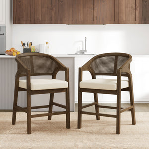 Wooden Frame Counter Stool with Rattan Back - Set of 2