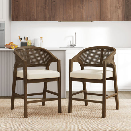 Wooden Frame Counter Stool with Rattan Back, Set of 2
