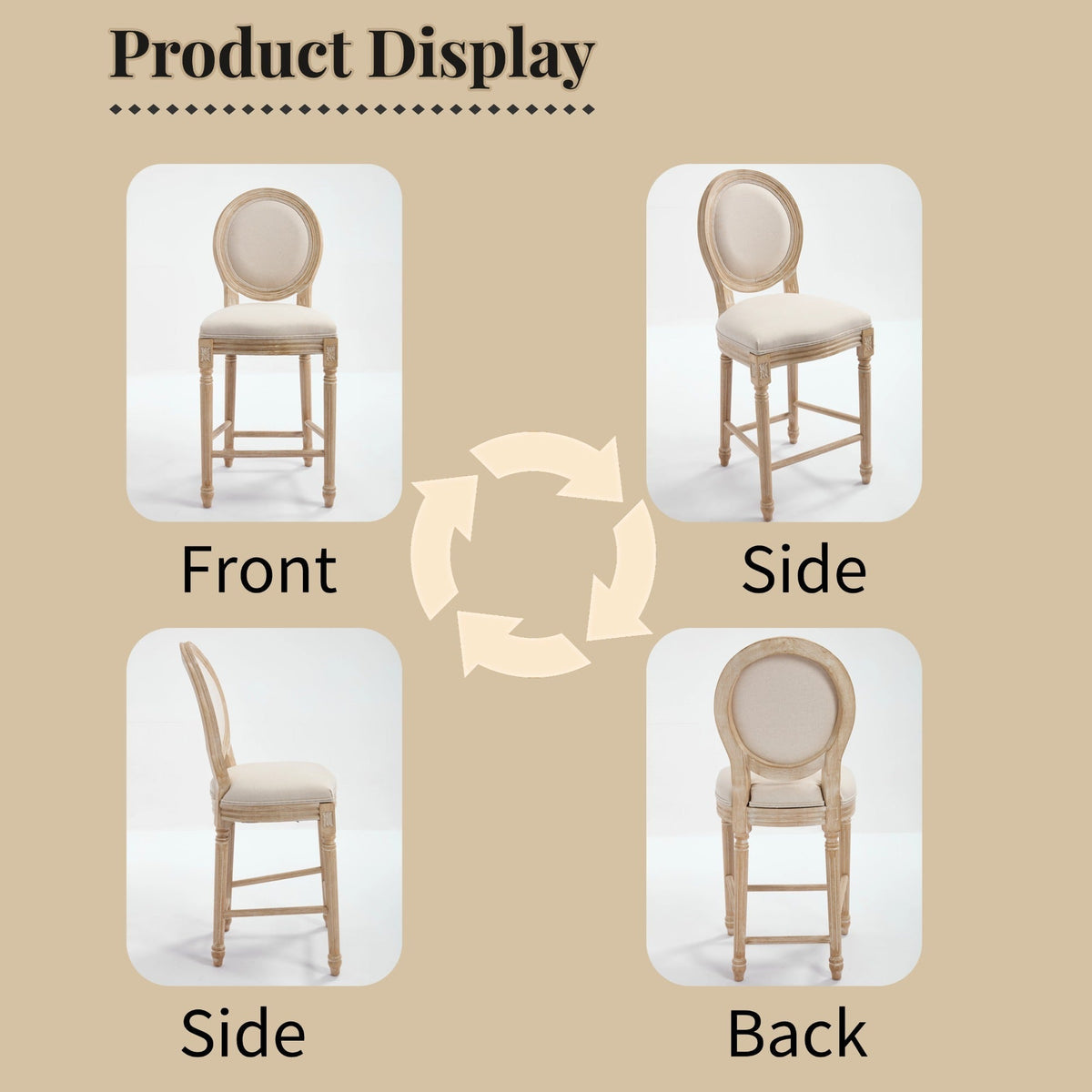 French Country 26'' Height Bar Chairs with Beige Linen Upholstery - Set of 2