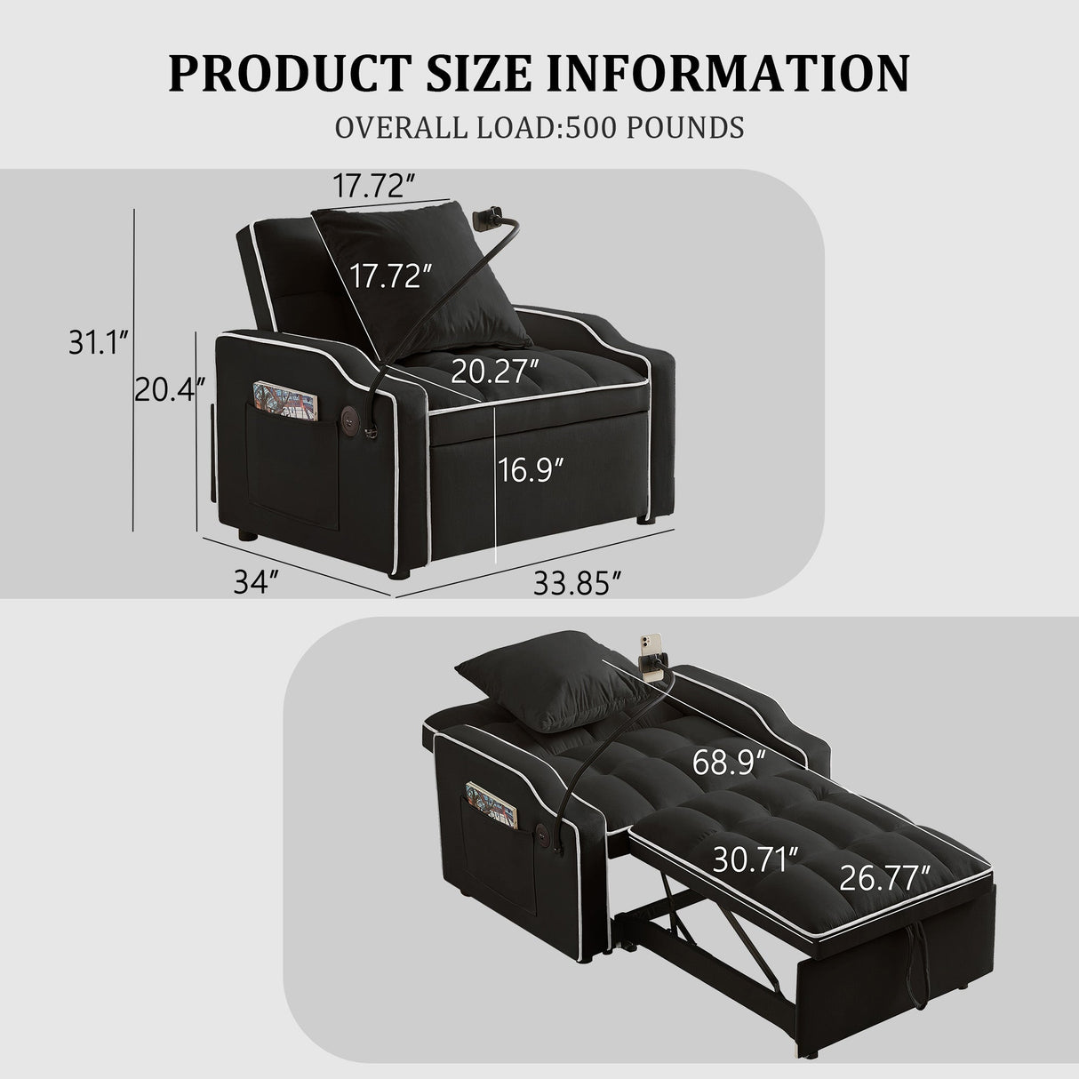 Sleeper Sofa Chair Bed - 3 In 1 Convertible Sofa