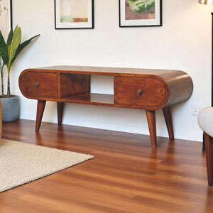Solid Wood Chestnut Circular TV Unit, Nordic Legs, 2-Drawers, Open Slot