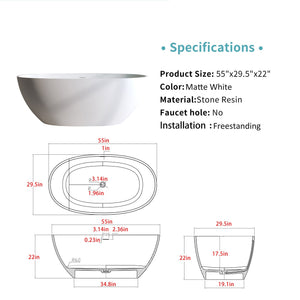 55" Solid Surface Matte Tub - Freestanding Soaking Bathtub