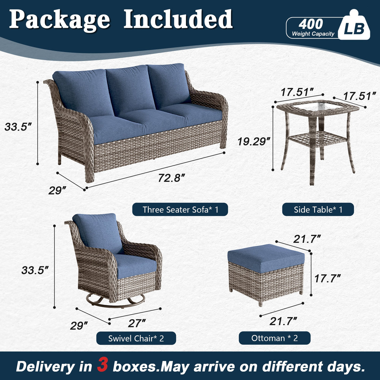JB Outdoor 3-Seater Sofa Set with Swivel Chairs and Side Table