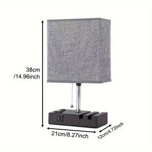 USB Table Lamp with AC Outlet – 3 Color Bedside Lamp with Fabric Shade & Bulb