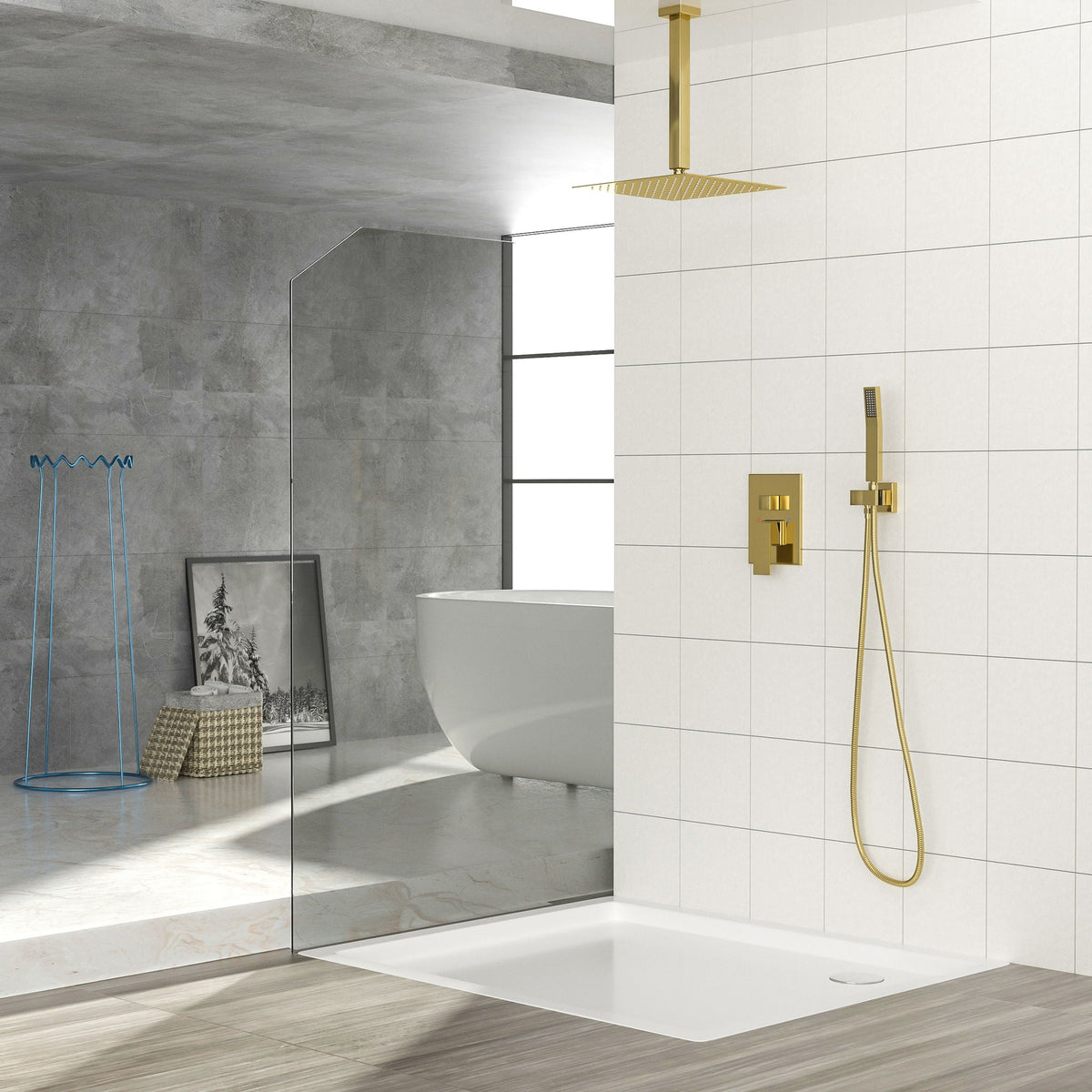 Dual Shower Head System with Ceiling Mount and Rough-In Valve - Pearl Silver, Black, or Gold