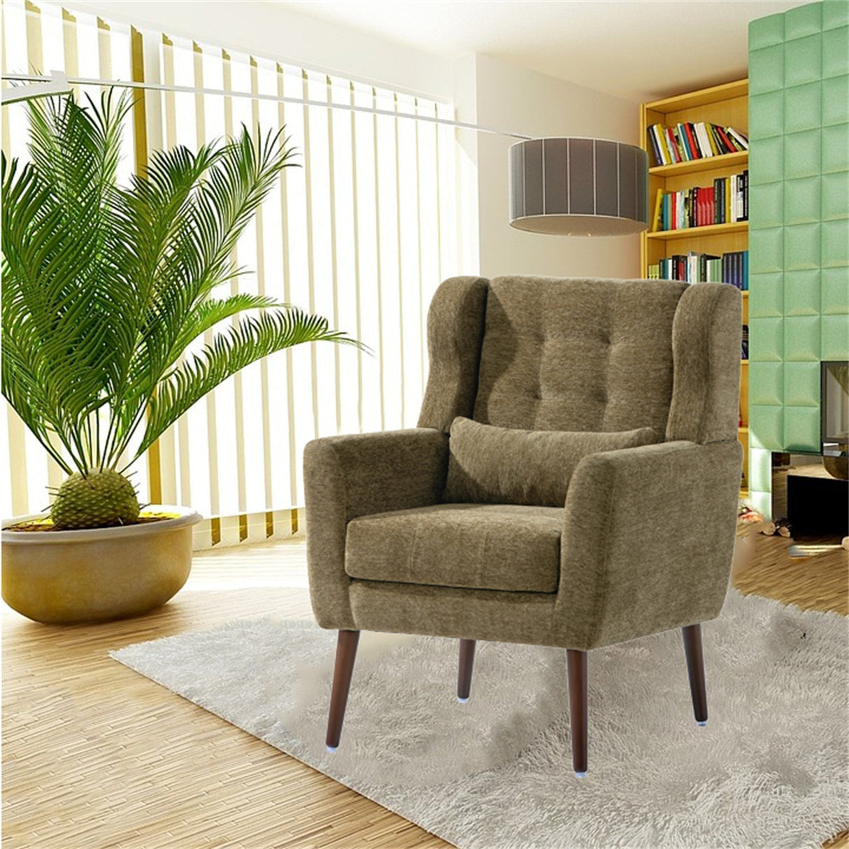 Modern Accent ChairChenille Arm Chairs for Living RoomUpholstered Modern ArmchairComfy Soft Padded Lounge Chair in Small SpaceBedroomw/PillowSolid Wood LegOlive Green
