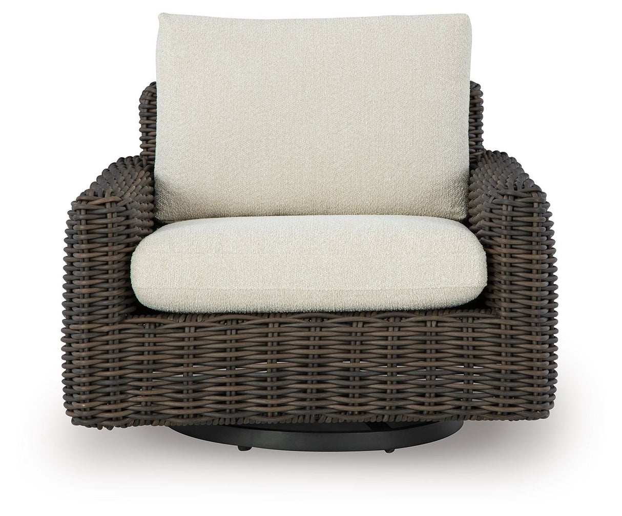 Kimora - 7 Pc. - 4-Piece Outdoor Sectional, Swivel Glider Lounge, Cocktail Table, End Table - Beige / Dark Brown