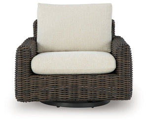Kimora - 7 Pc. - 4-Piece Outdoor Sectional, Swivel Glider Lounge, Cocktail Table, End Table - Beige / Dark Brown