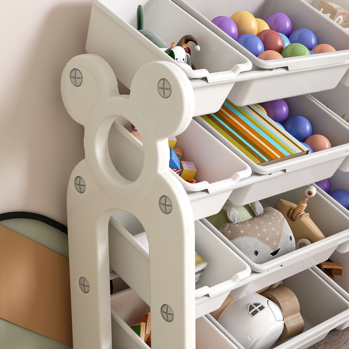 Multi Functional Kids Toy Storage Organizer Cabinet With Hdpe Shelf And 12 Bins - Gray White