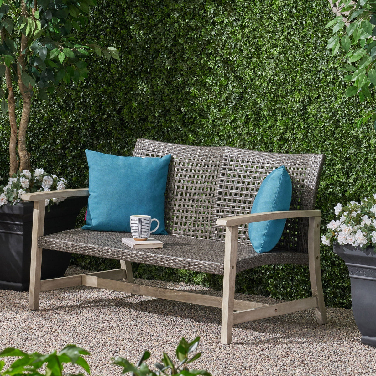 Hampton - Outdoor Wood And Wicker Loveseat - Gray