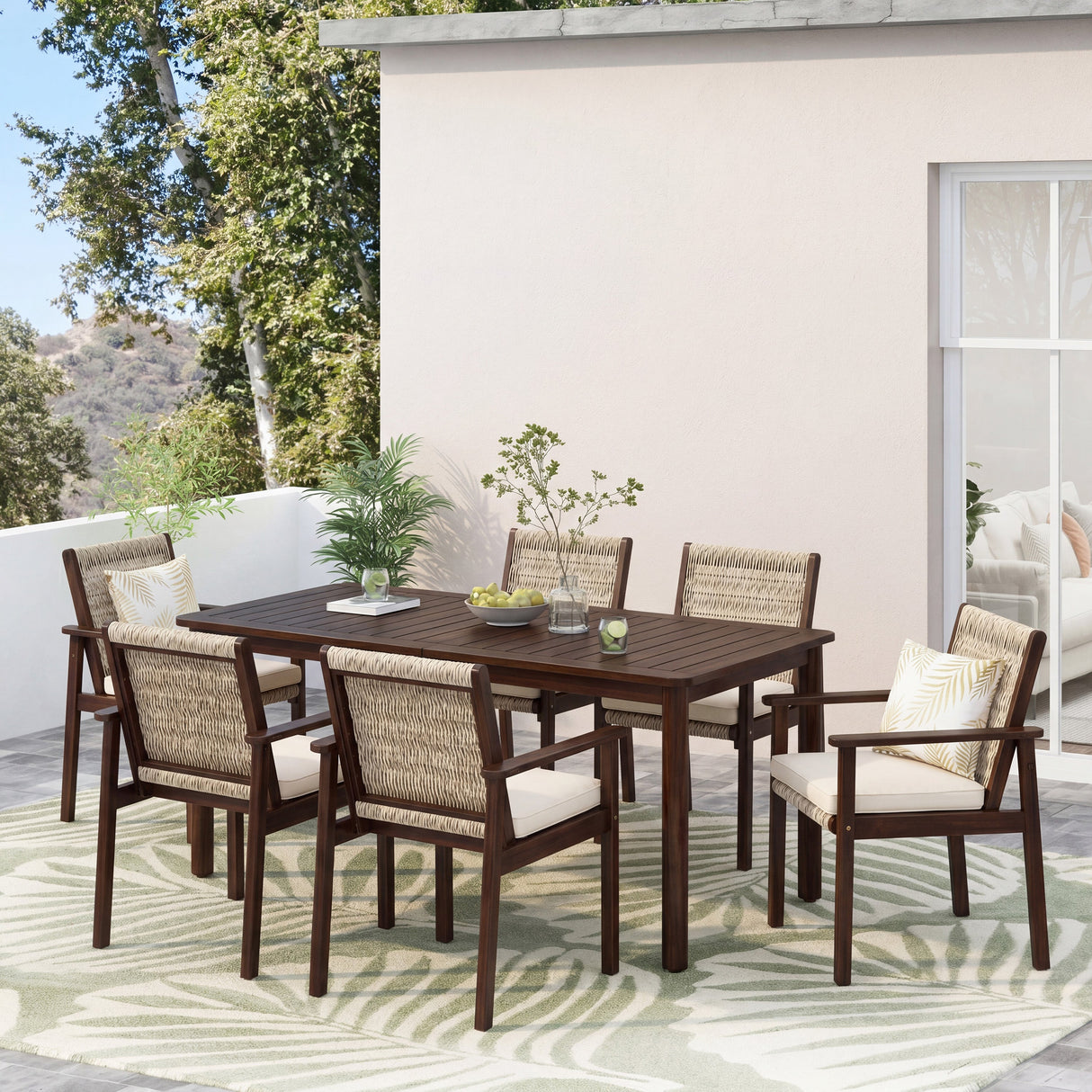 7 Piece Outdoor Acacia Wood Dining Set With Cushions