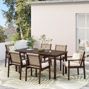 7 Piece Outdoor Acacia Wood Dining Set With Cushions