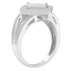 .925 Sterling Silver 1/3 Cttw Invisible Set Princess-Cut Diamond Rhombus and Beaded Halo Ring (H-I Color, SI1-SI2 Clarity) - Ring Size 7