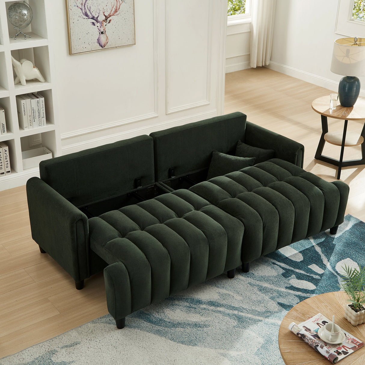 83'' Futon Sofa Bed with Polyester Fabric and 2 PillowsDark Green