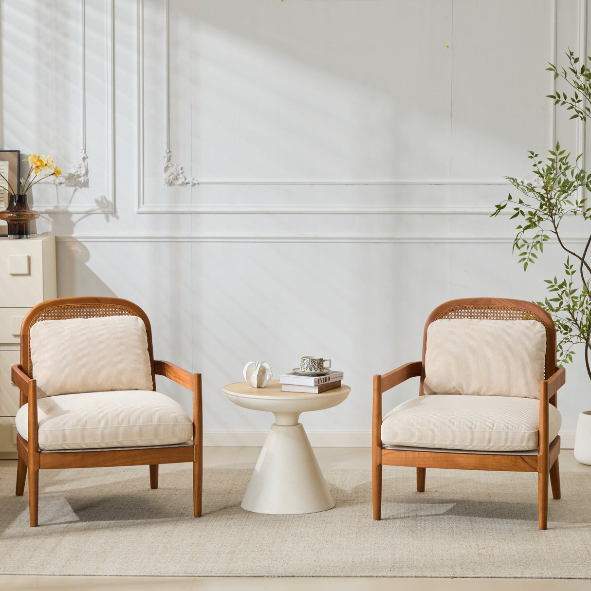 Elliston Rattan Backrest Solid Wood Accent Chair with Cushions, Set of 2