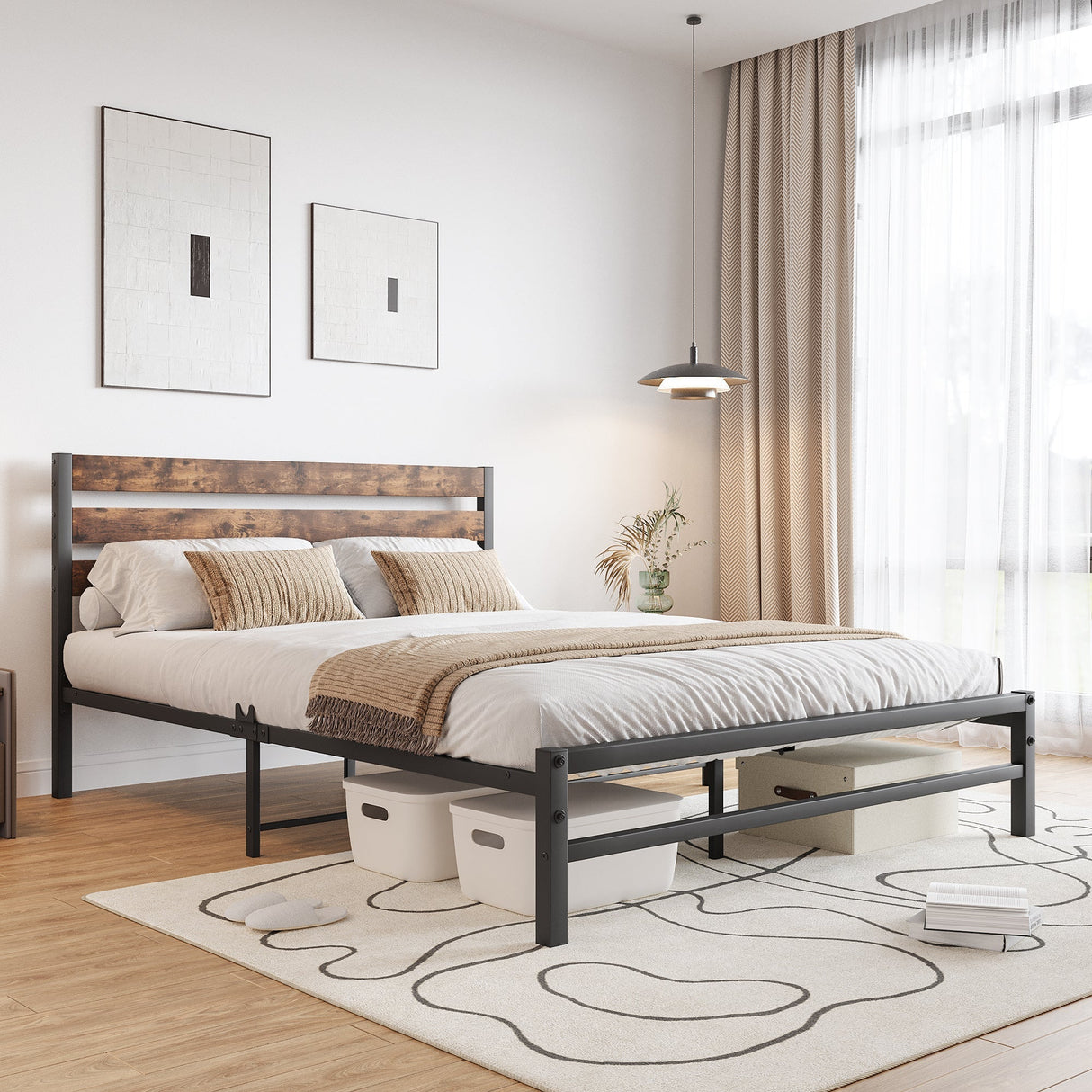 Industrial Metal & Wood Platform Bed Frame