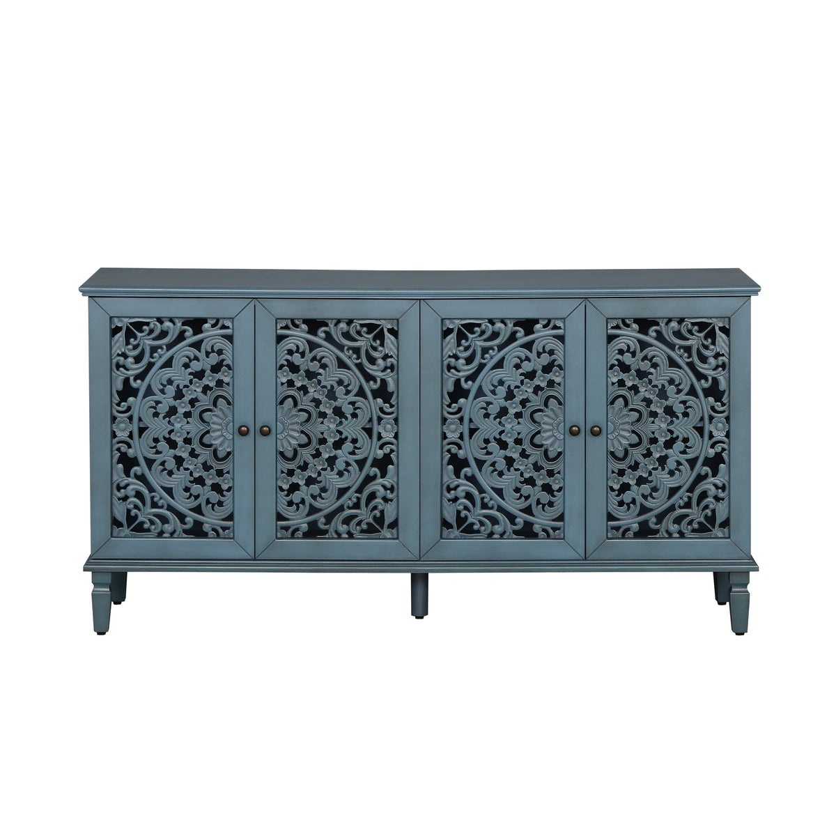 60" Antique Buffet Cabinet with Floral Carvings and Adjustable Shelves