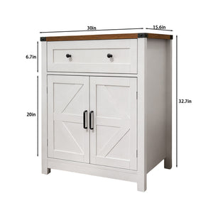 White & Wood-Grain Top Farmhouse Barn-Door Storage Cabinet