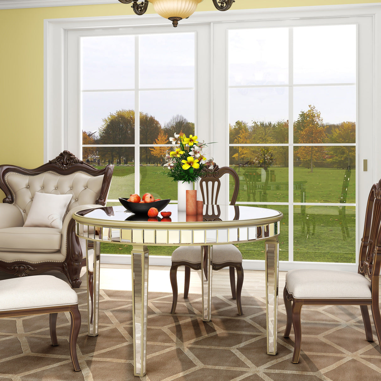 Round Glass Dining Table with Mirror Top