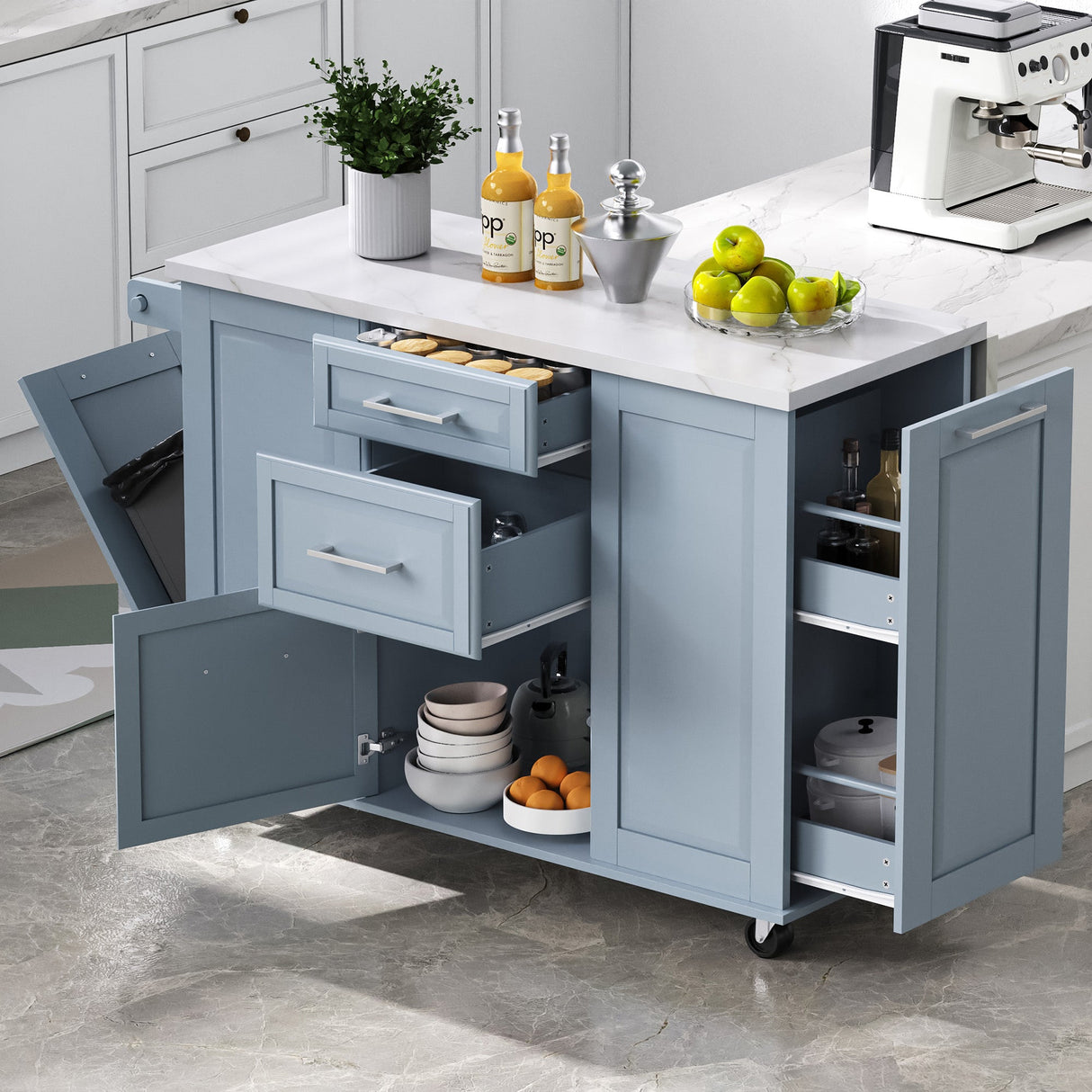 K&K Kitchen Island with Storage Tilt Trash Can Cabinet