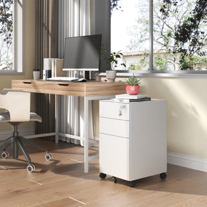 3-Drawer Mobile File Cabinet With Lock, On Wheels, Two Shallow & One Deep Drawer For Office/Home, Fully Assembled - White