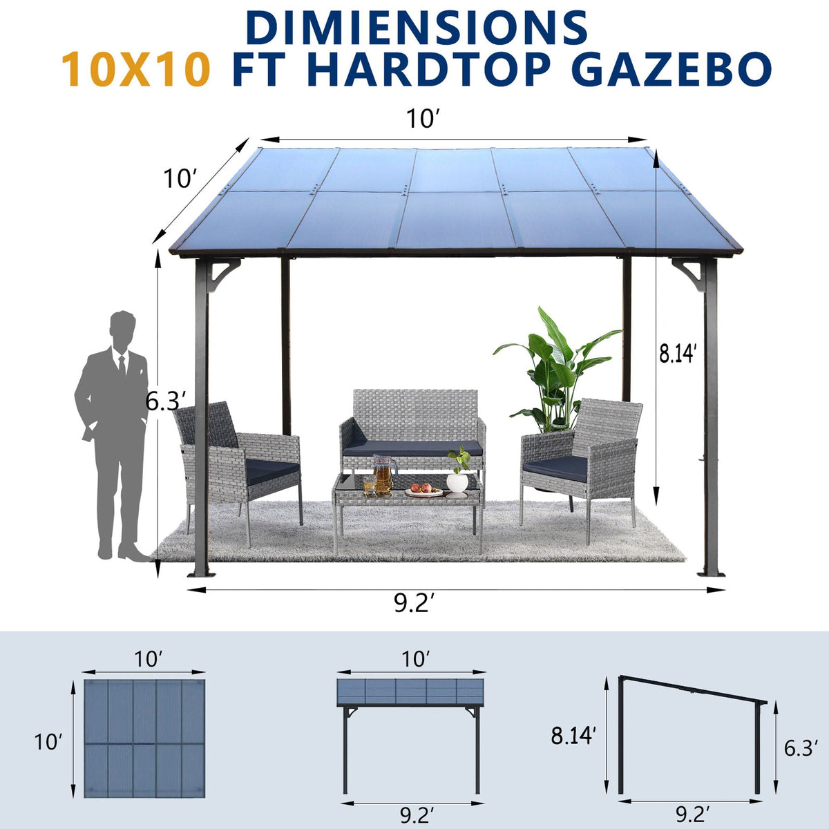 Wall Mounted Outdoor Pergola Gazebo with Heavy Duty Metal Awning and Roof