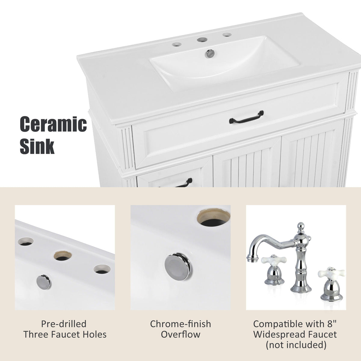 Bathroom Vanity With Sink, 2 Doors 2 Drawers, Freestanding Design
