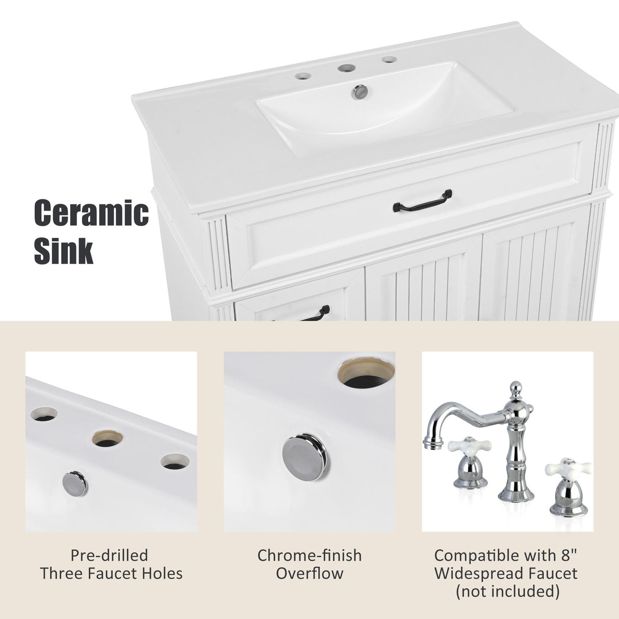 Bathroom Vanity With Sink, 2 Doors 2 Drawers, Freestanding Design
