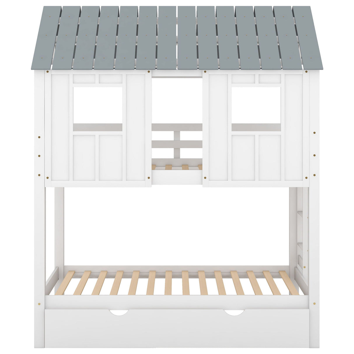 Twin Size House Bunk Bed With Trundle, Roof And Windows - White / Gray