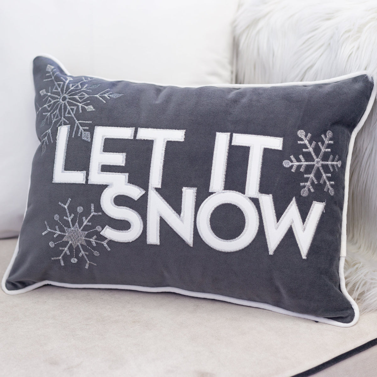 Gray Velvet Lumbar Throw Pillow with Snowflake Embroidery - 14x20