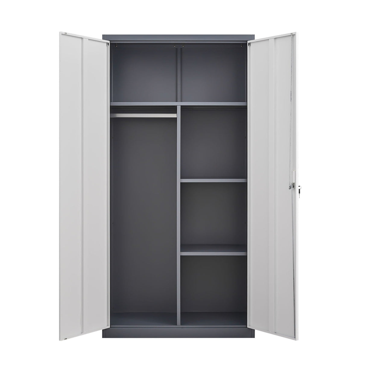Wardrobe With Hanging Rod And Compartments, Lockable Closet With Locks & Keys For Bedroom - Gray