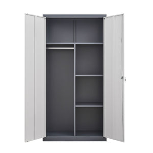 Wardrobe With Hanging Rod And Compartments, Lockable Closet With Locks & Keys For Bedroom - Gray