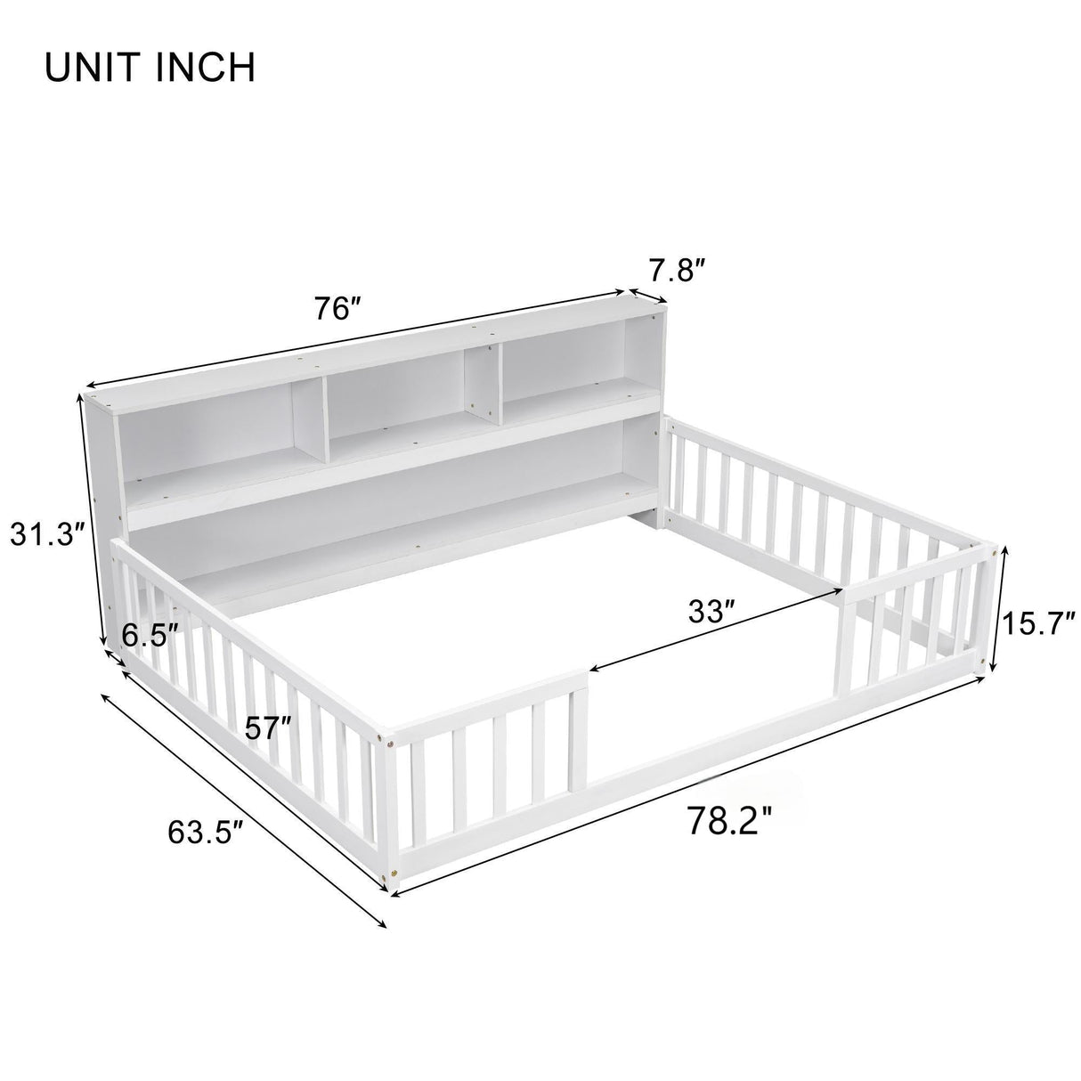 Floor Bed With Side Bookcase, Shelves, Guardrails