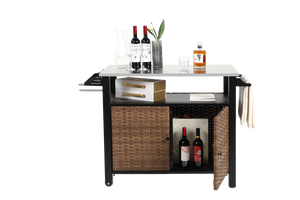 Outdoor Kitchen Wicker Island Rolling Cart & Storage Cabinet Brown