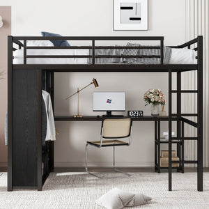 Full Size Loft Bed Frame with Built-in Wardrobe, Metal Loft Bed with Desk and Storage Shelves