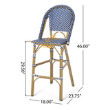 29.5" outdoor pe rattan french barstool, dark teal and white, aluminum frame with bamboo finish (set of 2)