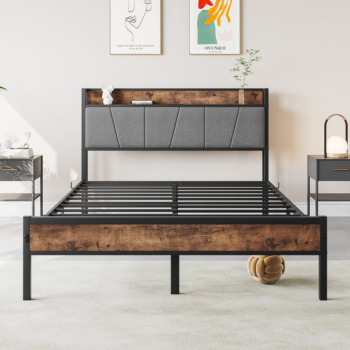 Full Size Bed Frame with Storage Headboard and Charging Station