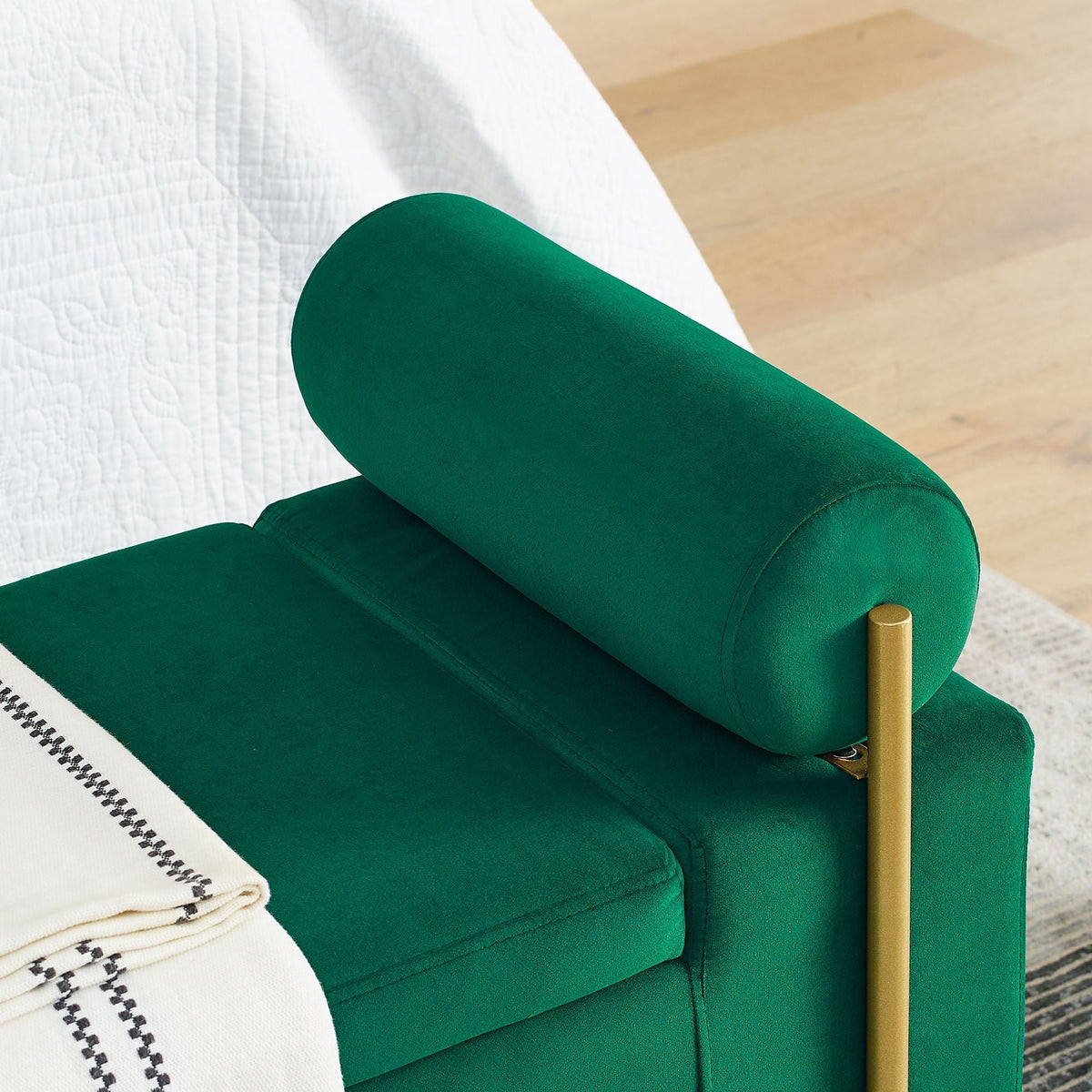 Elegant Upholstered Storage Bench With Cylindrical Arms And Iron Legs,