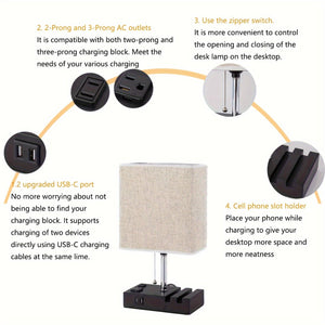 USB Table Lamp with AC Outlet – 3 Color Bedside Lamp with Fabric Shade & Bulb