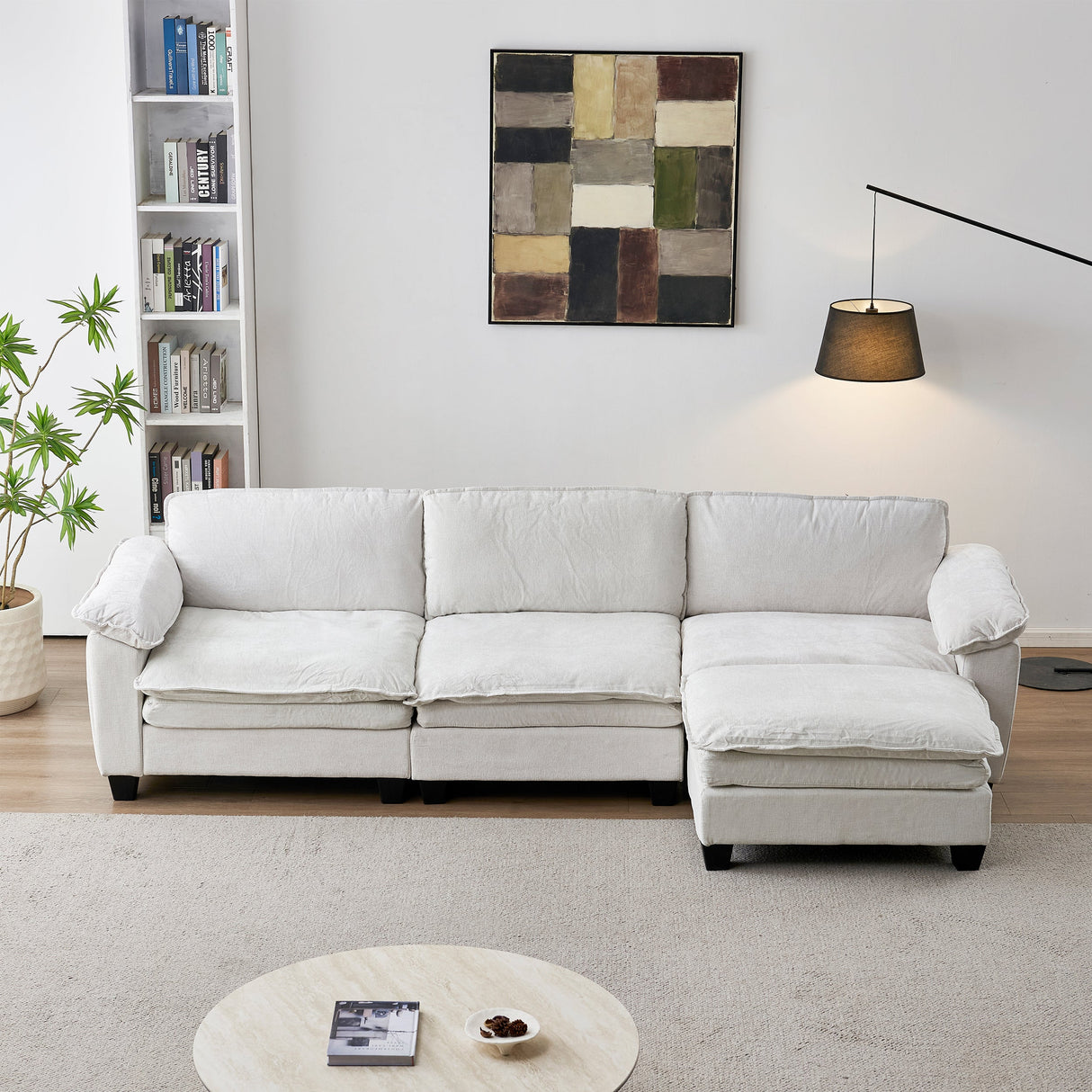 Living Room Furniture Sofa Luxury Couch with Ottoman Soft Chenille Upholstered L Shape Sofa Beige